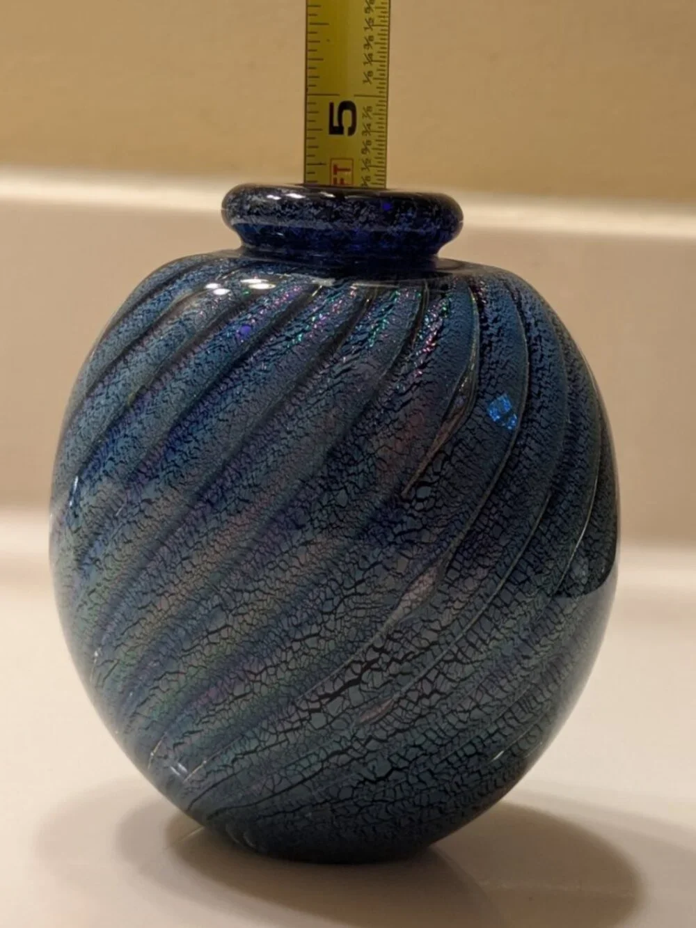 Robert Eickholt Blue Swirled Dichroic Bottle Bud Vase Signed 1989 4.5